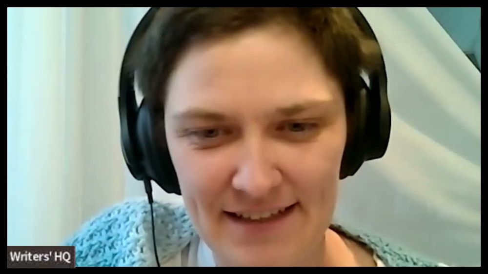 A screenshot of Marion Lougheed with headphones on running the Zoom workshop Using Anthropology for Worldbuilding
