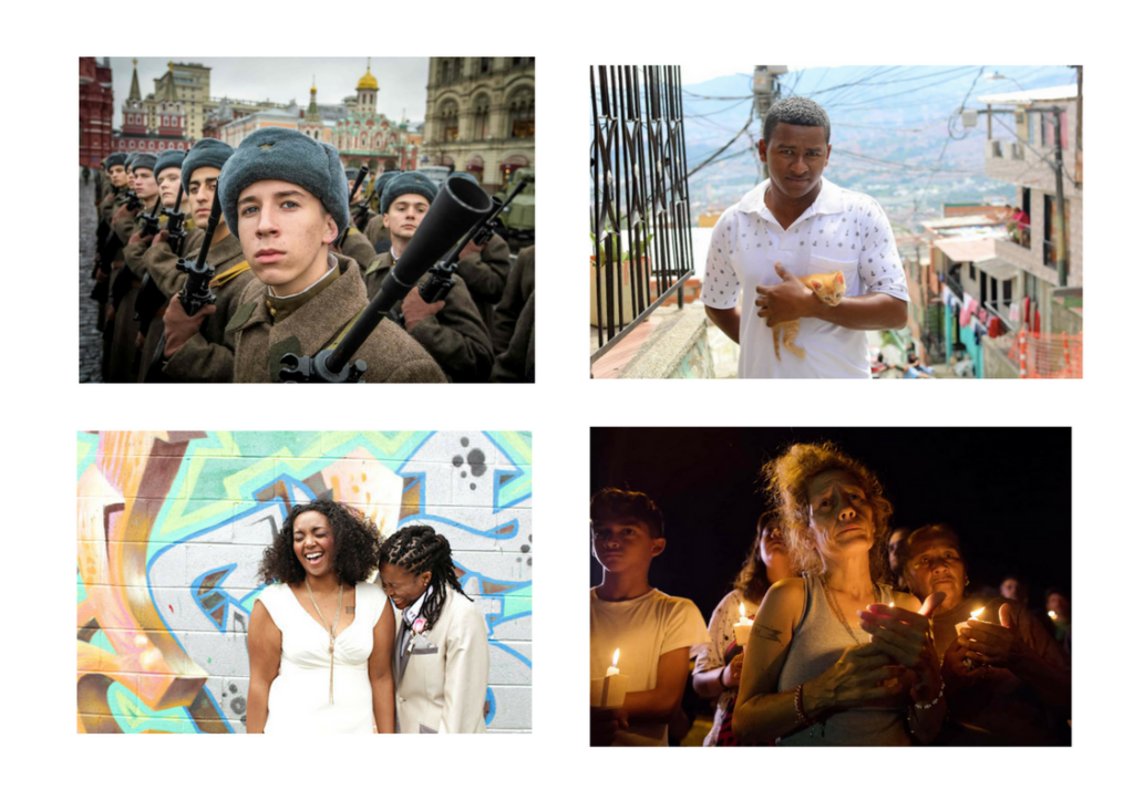 Four photos containing a range of interesting characters. A group of very young Russian soldiers in coats and fluffy hats holding guns. A young man standing at the top of a steep street holding a small ginger kitten. Two brides laughing in front of a graffiti covered wall. A woman in a vigil crowd holding candles.