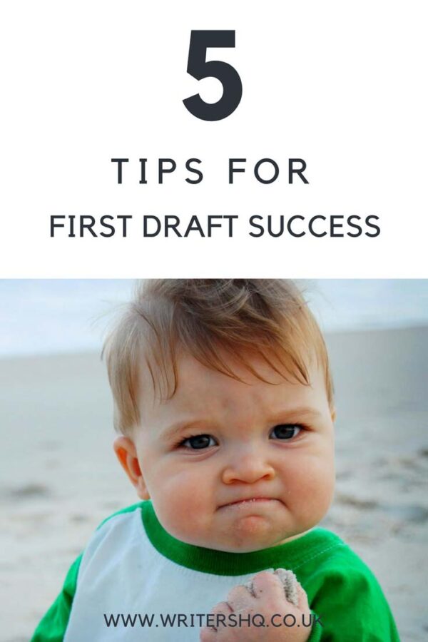 Image of a toddler sitting on the beach with a fist full of sand looking triumphant. Caption: 5 tips for first draft success.