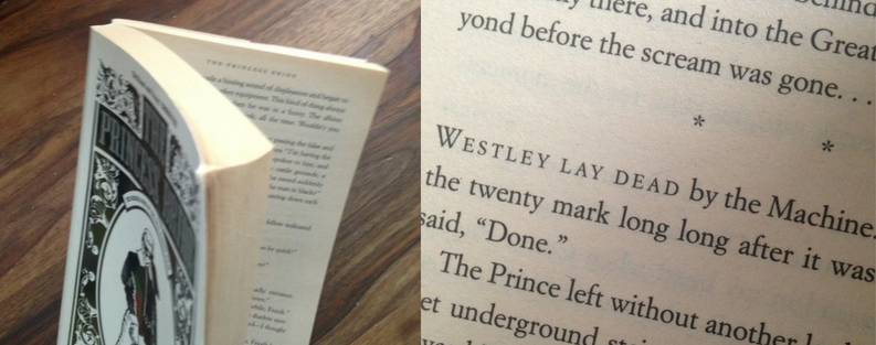 Image of two photographs depicting The Princess Bride book by William Goldman. The first picture shows the book open at about three quarters of the way through. The second image shows a close up of a page that says: Westley lay dead by the Machine.