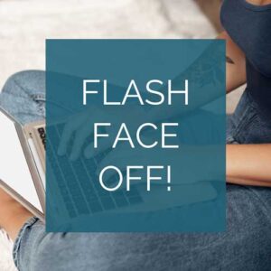 Flash Face Off live event promotional image - a woman with a laptop and text