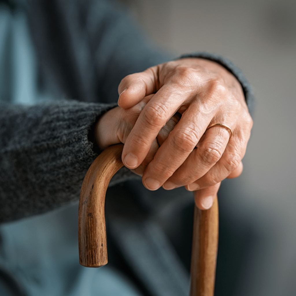 Two hands resting on top of a walking stick.