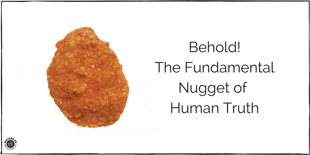 A picture of a chicken nugget with text: behold! the fundamental nugget of human truth