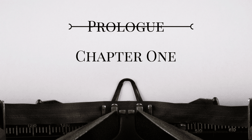 Image of a piece of paper in a typewriter. The word 'prologue' has been struck out and replaced by the words 'chapter one'