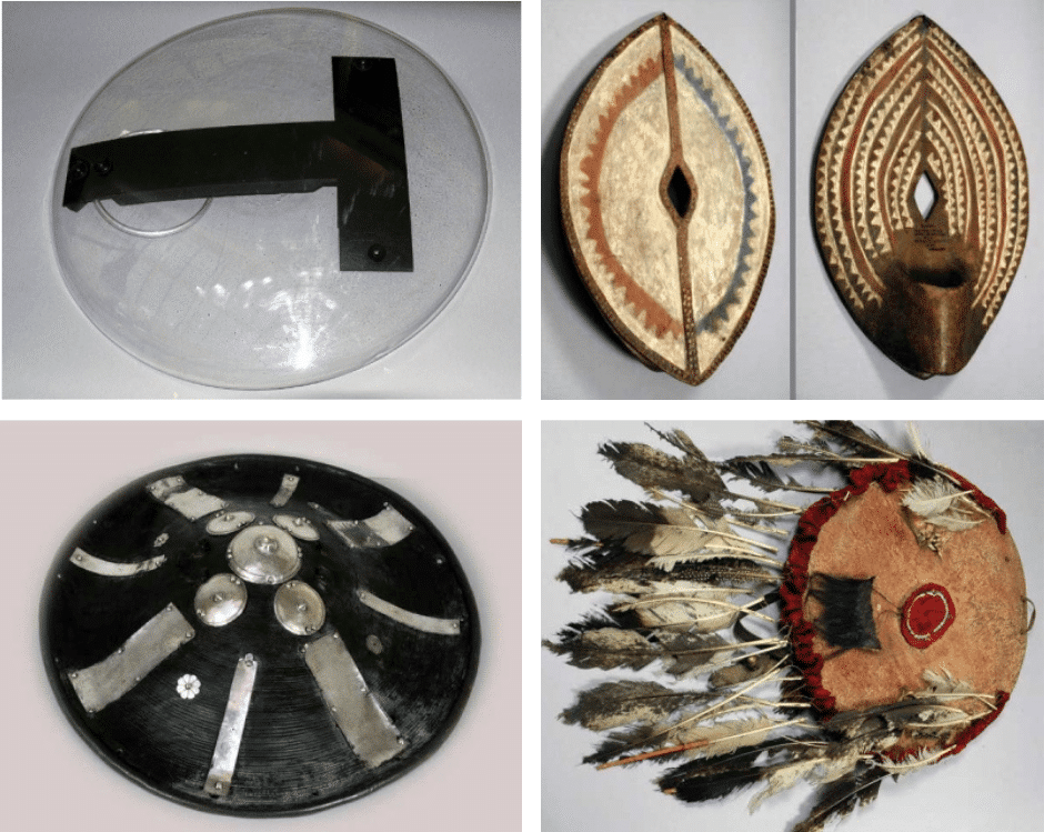 Four photographs of different shields: a plastic police riot shield; an oval wooden Kenyan initiation shield; a 19th century Ethiopian shield made of black ox hide and silver, with a bullet hole; and a 19th century Native American medicine shield made of leather and feathers.