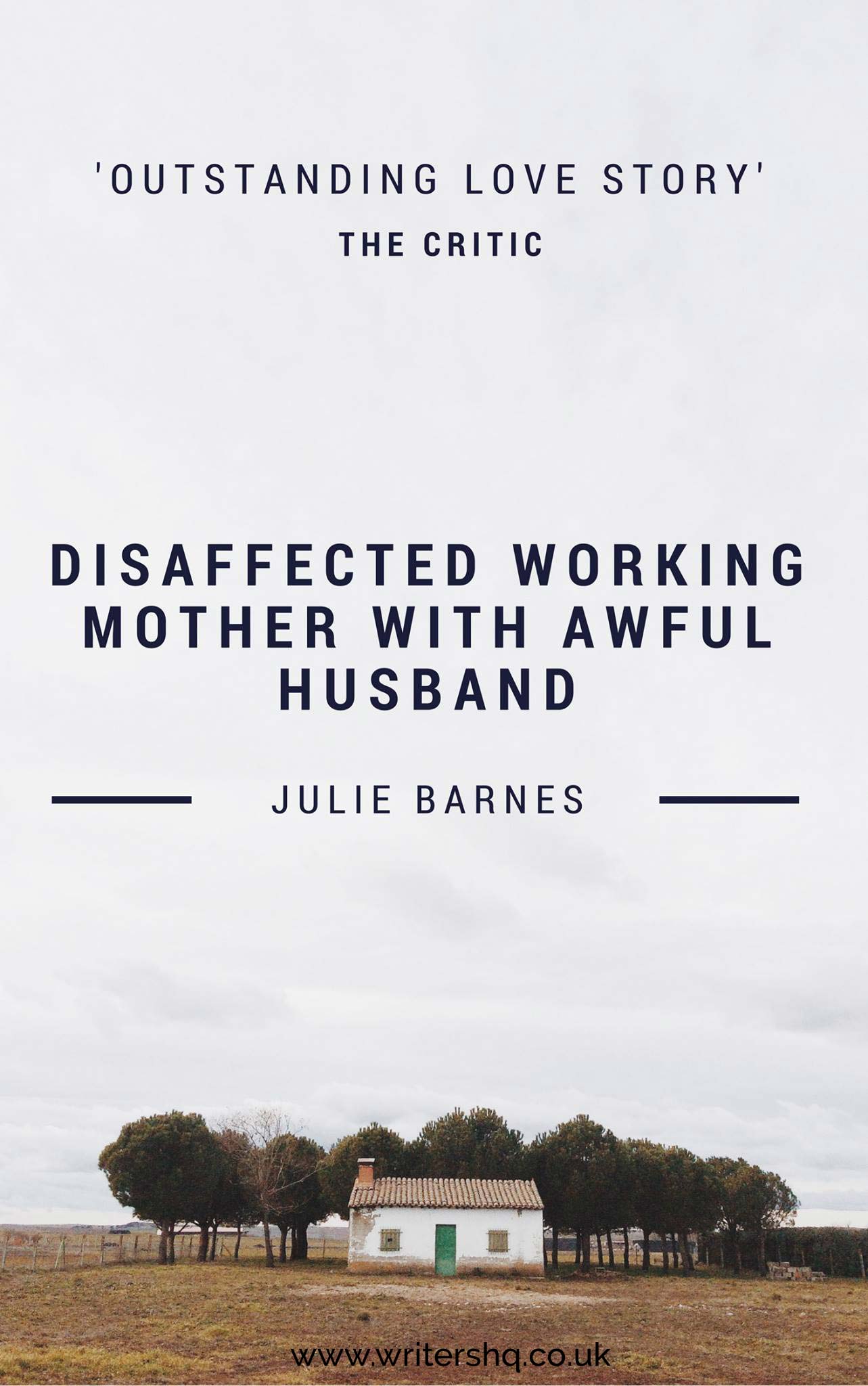 Image of a book cover depicting a little cottage surrounded by trees in the middle of nowhere below a cloudy sky. Text reads: Disaffected Working Mother with Awful Husband by Julie Barnes. 'Outstanding love story' - the critic. 