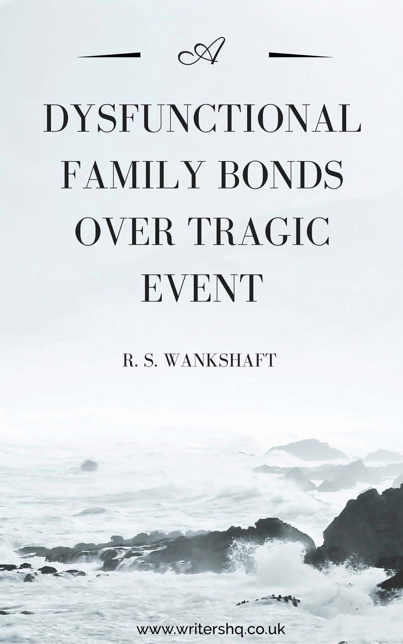 Image of a book cover depicting a turbulent sea crashing on black rocks. Text reads: A Dysfunctional Family Bonds over Tragic Event by R S Wankshaft