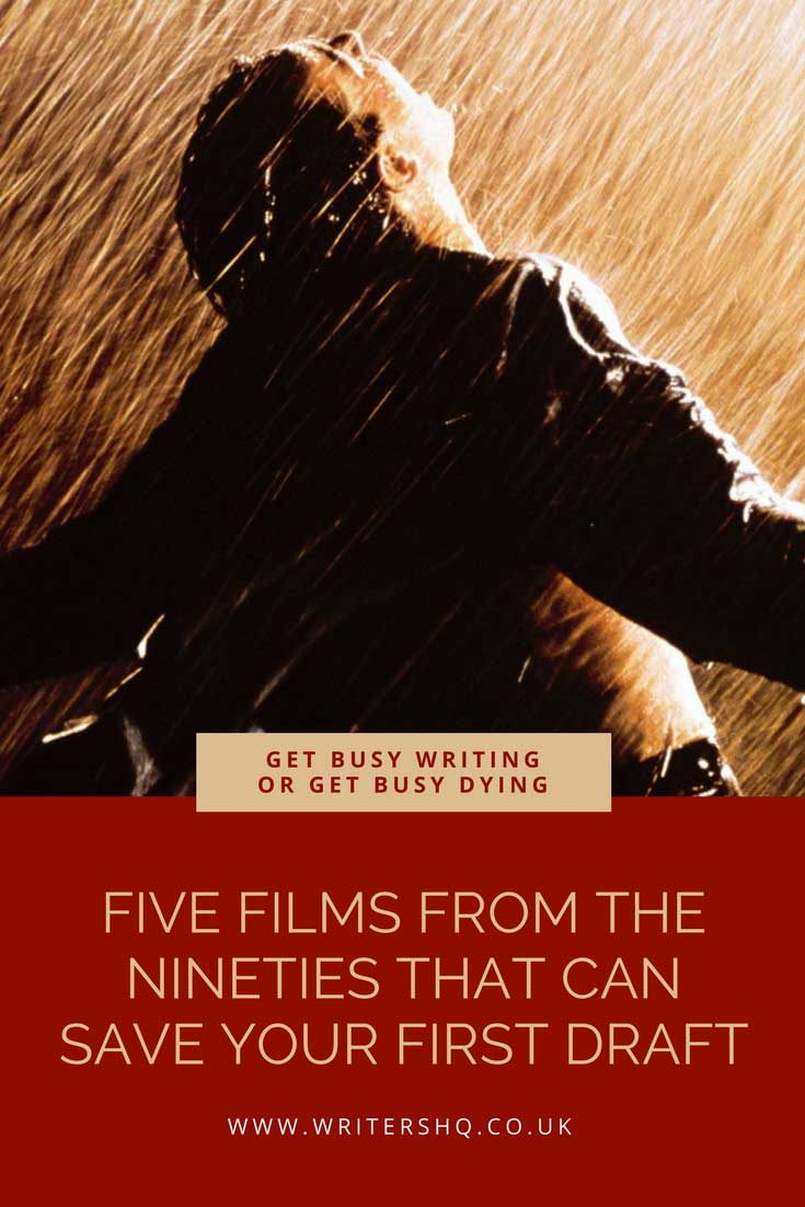 Image of Andy from Shawshank Redemption standing in the rain with caption: get busy writing or get busy dying. 