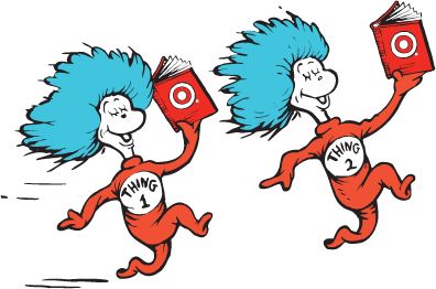 Image of Thing 1 and Thing 2 from Dr Seuss's The Cat in the Hat running along holding books.