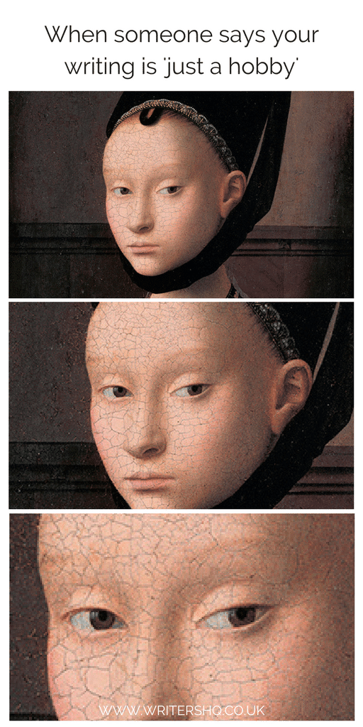 A series of images zooming in on the deadpan sideye of a painting of a woman. Text says: When someone says your writing is 