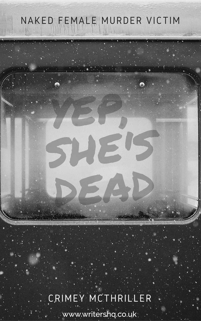 Image of a book cover depicting a steamed up window in the snow with the words 'yep, she's dead' scrawled in the condensation. Text reads: Naked Female Murder Victim by Crimey McThriller.