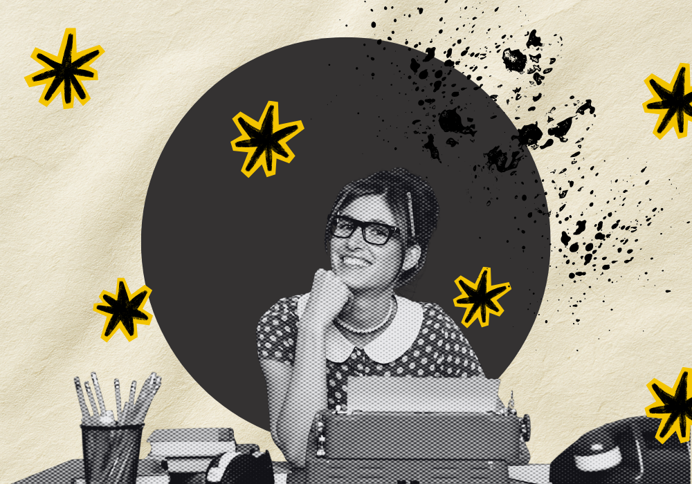 A smiling woman sitting in front of a laptop surrounded by graphic stars and ink splatters. She is HAPPY. She is WRITING. Which is what you should be doing.