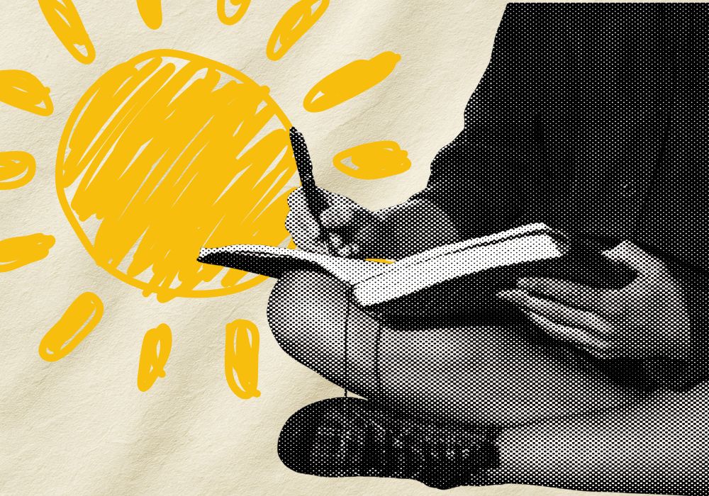 A woman sitting cross legged writing in a notebook while a hot doodled sun looms in the background